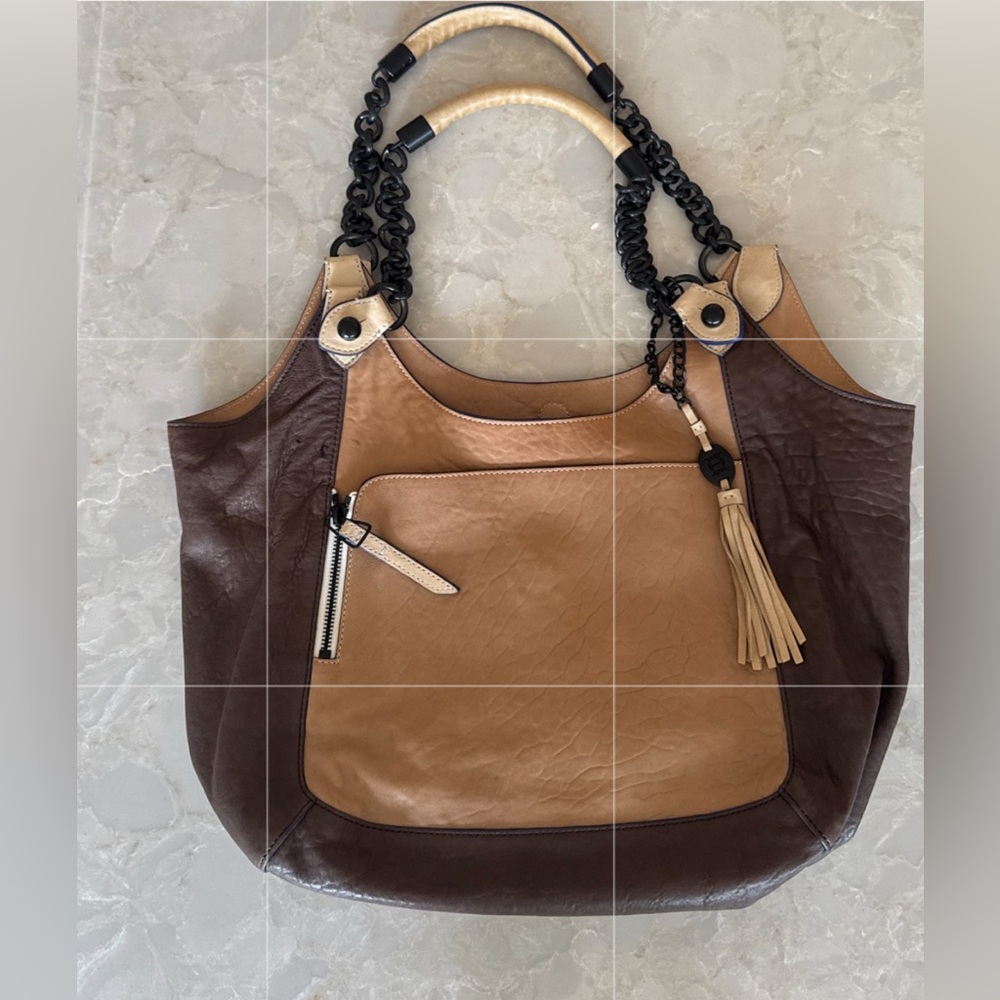 Olivia Harris Two-Tone Brown Leather hobo Tote Bag with Tassel very good